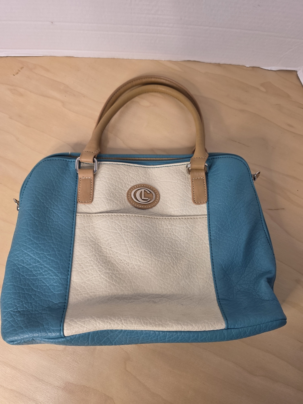 Turquoise & Cream Leather Satchel Handbag